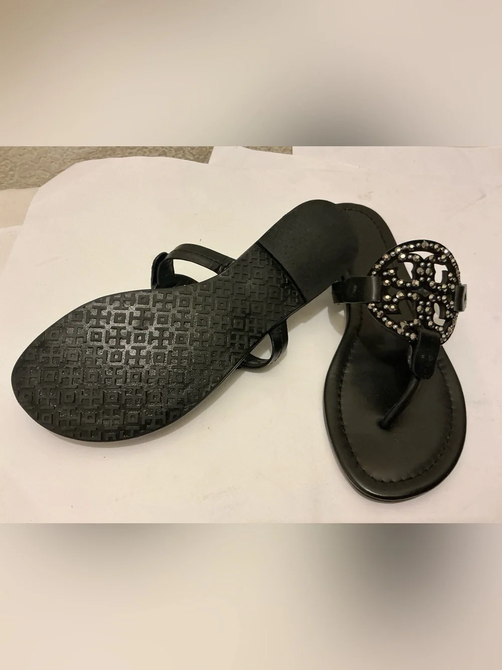 Tory Burch Black Crystal Logo Toe-Post Sandals 7.5M